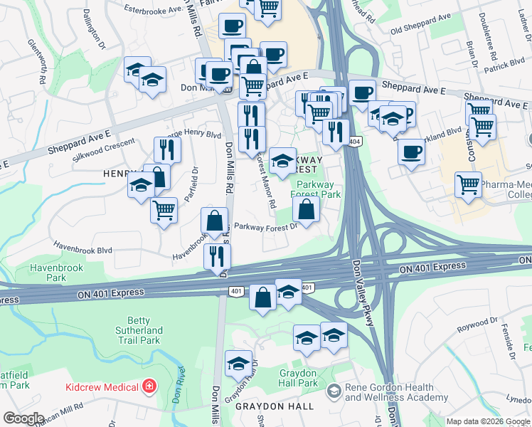 map of restaurants, bars, coffee shops, grocery stores, and more near 16 Forest Manor Road in Toronto