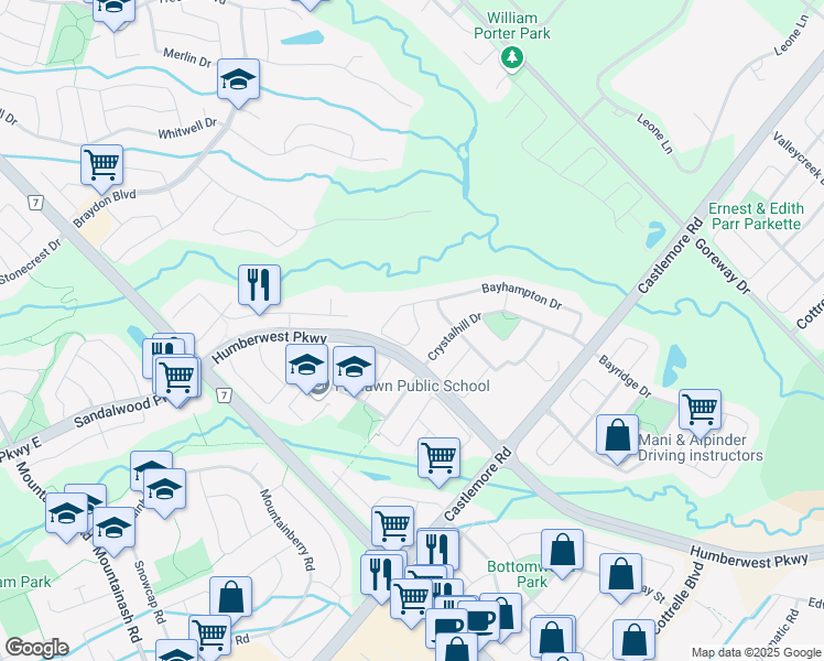 map of restaurants, bars, coffee shops, grocery stores, and more near 93 Bayhampton Drive in Brampton