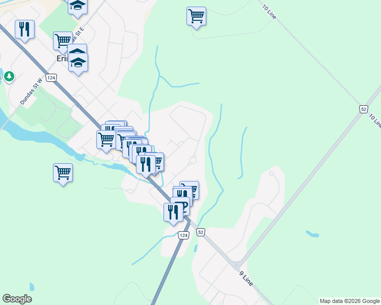 map of restaurants, bars, coffee shops, grocery stores, and more near 22 Waterford Drive in Erin
