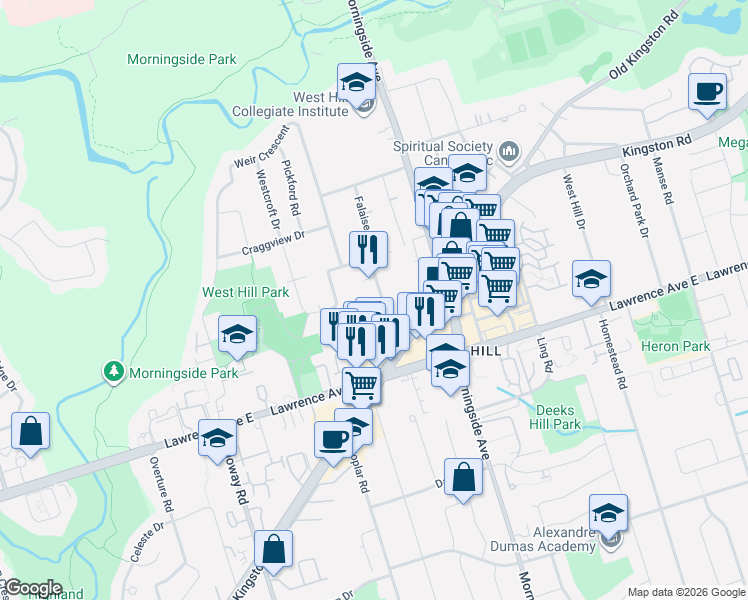 map of restaurants, bars, coffee shops, grocery stores, and more near in Toronto