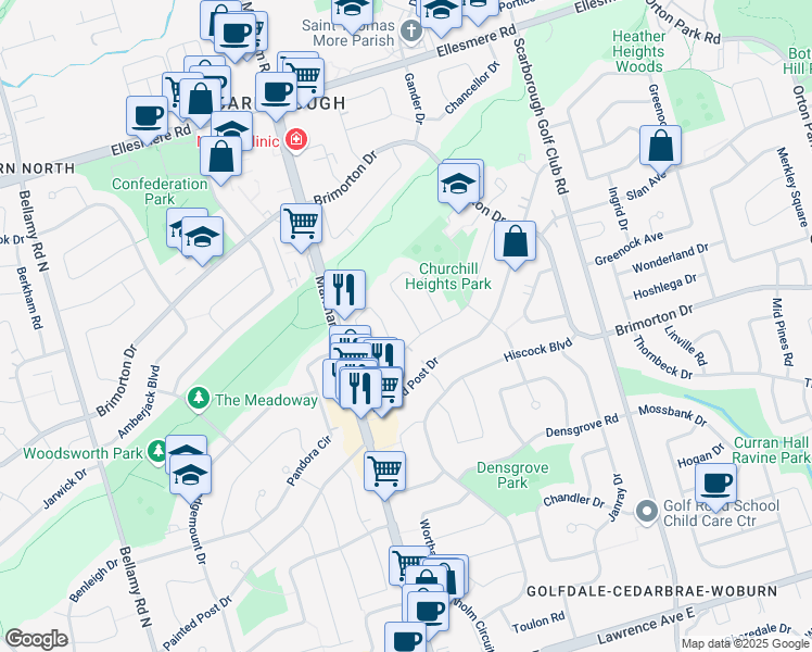 map of restaurants, bars, coffee shops, grocery stores, and more near 4 Stonehenge Crescent in Toronto