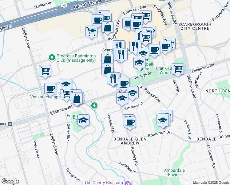 map of restaurants, bars, coffee shops, grocery stores, and more near 1350 Ellesmere Road in Toronto