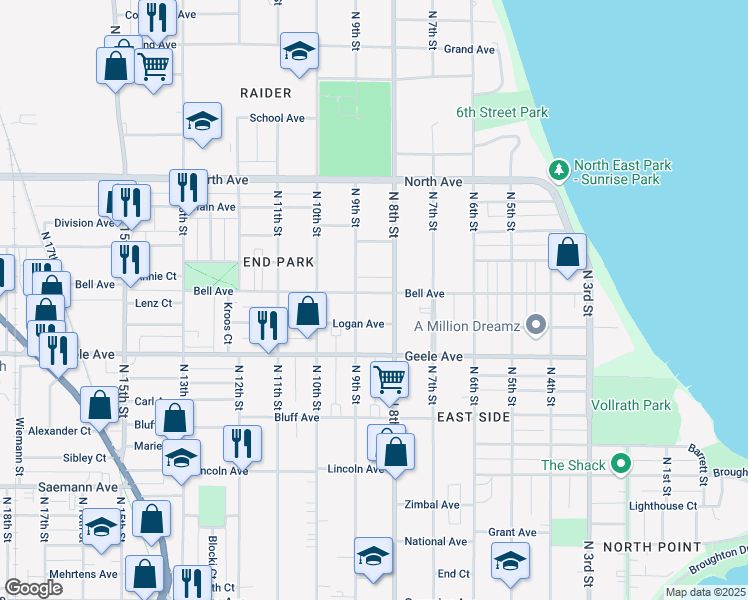 map of restaurants, bars, coffee shops, grocery stores, and more near 821 Bell Avenue in Sheboygan