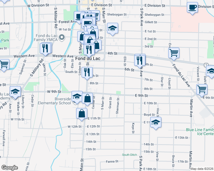 map of restaurants, bars, coffee shops, grocery stores, and more near 70 8th Street in Fond du Lac