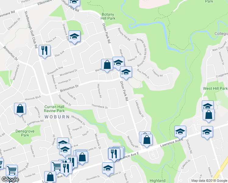 map of restaurants, bars, coffee shops, grocery stores, and more near 53 Sundance Crescent in Toronto