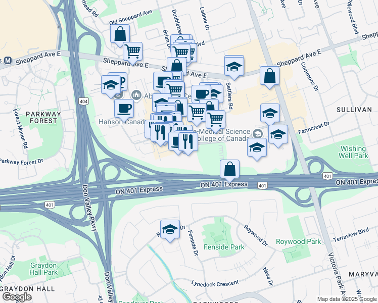 map of restaurants, bars, coffee shops, grocery stores, and more near 255 Consumers Road in Toronto