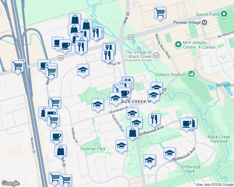 map of restaurants, bars, coffee shops, grocery stores, and more near 235 Gosford Boulevard in Toronto