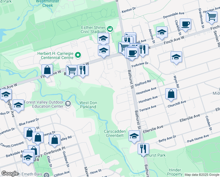map of restaurants, bars, coffee shops, grocery stores, and more near 2-42 Denmark Crescent in Toronto