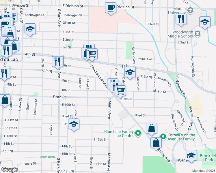 map of restaurants, bars, coffee shops, grocery stores, and more near 337 Fond du Lac Avenue in Fond du Lac