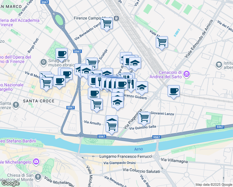 map of restaurants, bars, coffee shops, grocery stores, and more near 82 Via Vincenzo Gioberti in Firenze