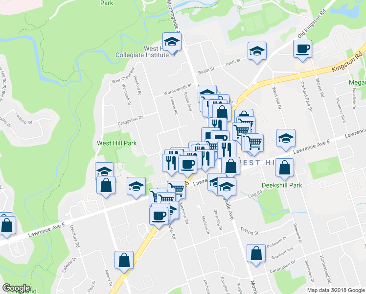 map of restaurants, bars, coffee shops, grocery stores, and more near 22 Falaise Road in Toronto