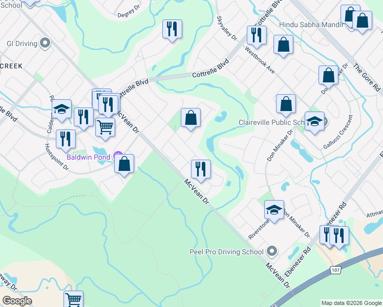 map of restaurants, bars, coffee shops, grocery stores, and more near 2 Vintonridge Drive in Brampton