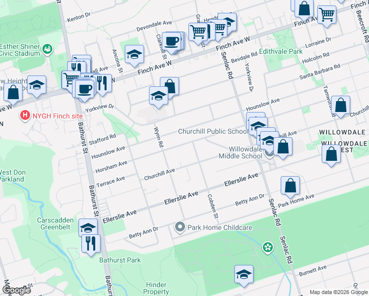 map of restaurants, bars, coffee shops, grocery stores, and more near 337 Horsham Avenue in Toronto