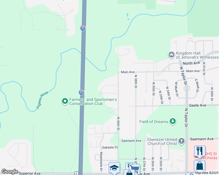 map of restaurants, bars, coffee shops, grocery stores, and more near 4033 Spring Court in Sheboygan