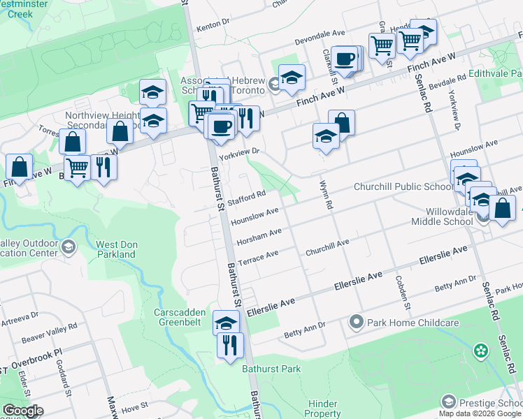 map of restaurants, bars, coffee shops, grocery stores, and more near 492 Hounslow Avenue in Toronto