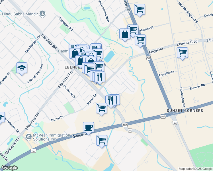 map of restaurants, bars, coffee shops, grocery stores, and more near 100 Purple Sage Drive in Brampton