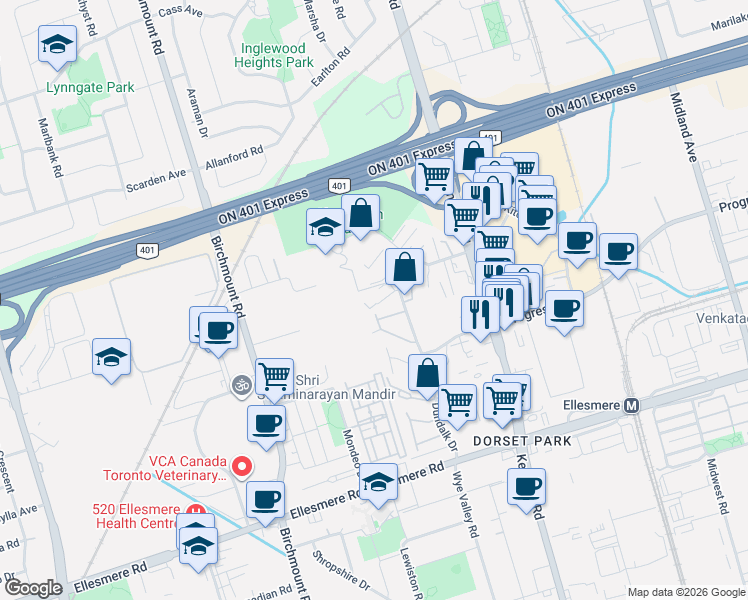 map of restaurants, bars, coffee shops, grocery stores, and more near 100 Dundalk Drive in Toronto