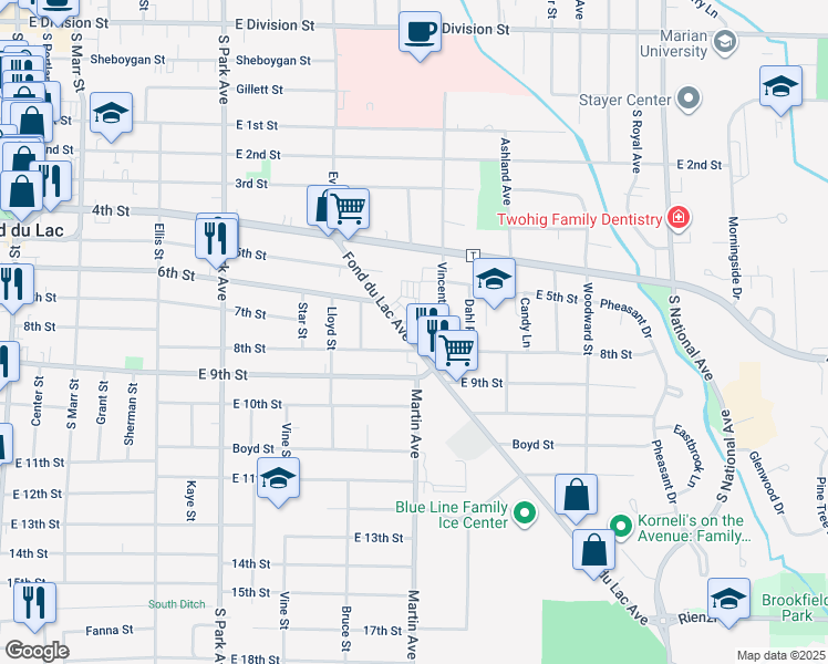 map of restaurants, bars, coffee shops, grocery stores, and more near 351 Fond Du Lac Avenue in Fond du Lac