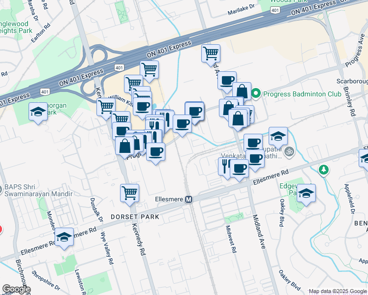 map of restaurants, bars, coffee shops, grocery stores, and more near 55 Progress Avenue in Toronto