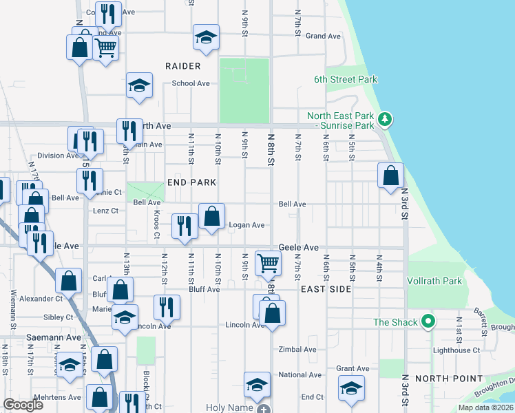 map of restaurants, bars, coffee shops, grocery stores, and more near 821 Bell Avenue in Sheboygan