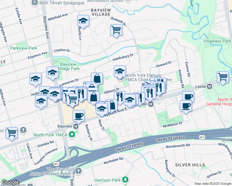 map of restaurants, bars, coffee shops, grocery stores, and more near 8 Red Maple Court in Toronto