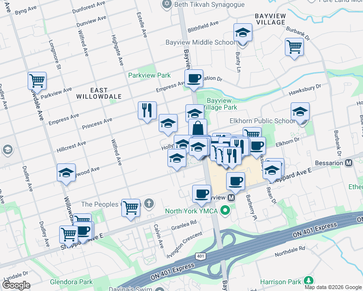map of restaurants, bars, coffee shops, grocery stores, and more near 377 Hollywood Avenue in Toronto