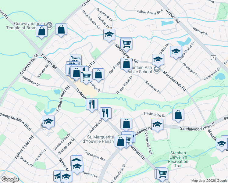 map of restaurants, bars, coffee shops, grocery stores, and more near 56 Ocean Ridge Drive in Brampton
