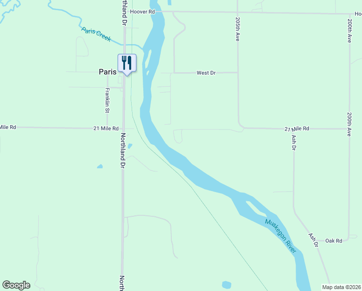 map of restaurants, bars, coffee shops, grocery stores, and more near 20811 21 Mile Road in Big Rapids