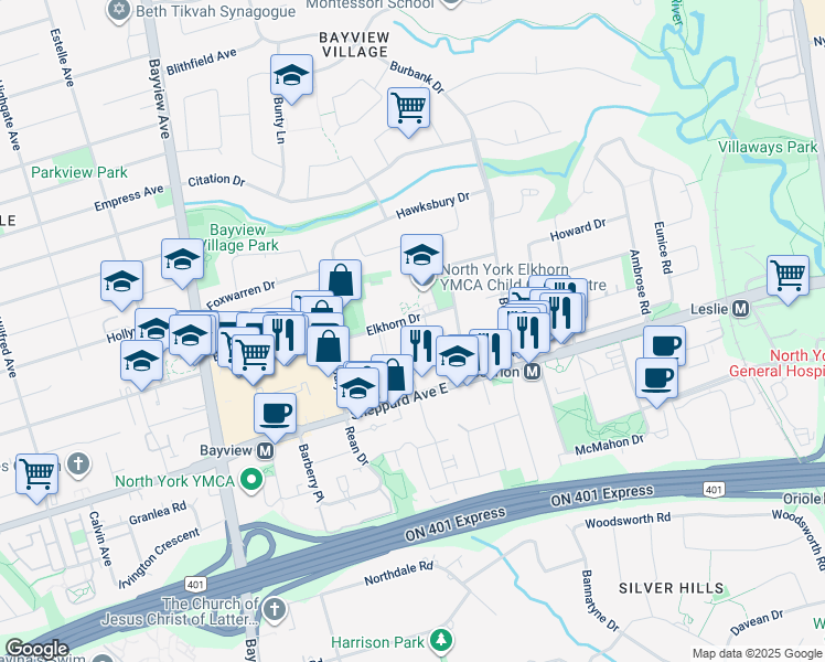 map of restaurants, bars, coffee shops, grocery stores, and more near 8 Red Maple Court in Toronto