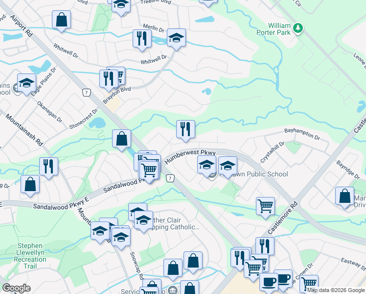 map of restaurants, bars, coffee shops, grocery stores, and more near 50 Hollowgrove Boulevard in Brampton