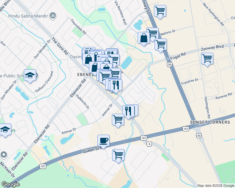 map of restaurants, bars, coffee shops, grocery stores, and more near 39 Fogal Road in Brampton