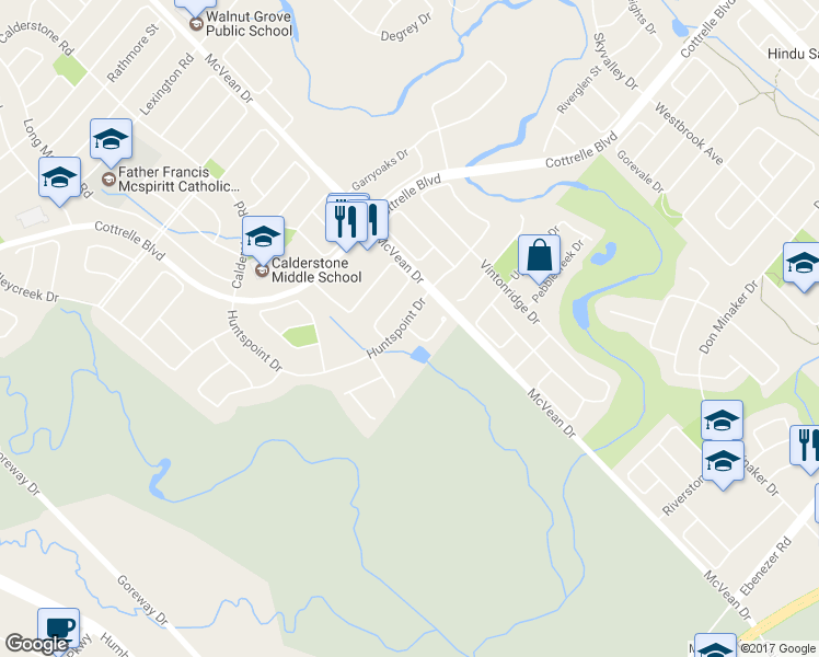 map of restaurants, bars, coffee shops, grocery stores, and more near 3 Spring Valley Court in Brampton