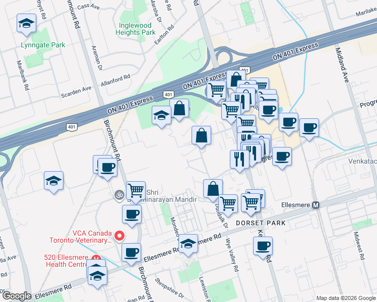 map of restaurants, bars, coffee shops, grocery stores, and more near 100 Dundalk Drive in Toronto