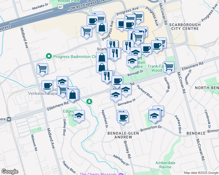 map of restaurants, bars, coffee shops, grocery stores, and more near in Scarborough