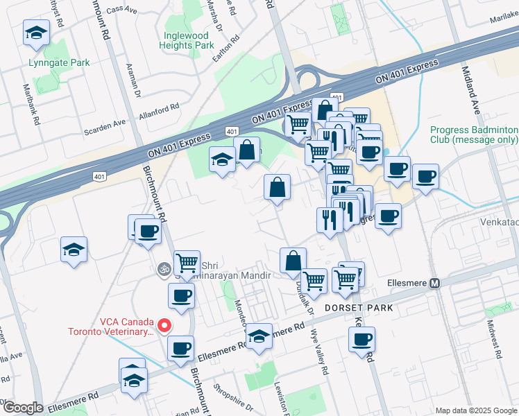 map of restaurants, bars, coffee shops, grocery stores, and more near 100 Dundalk Drive in Toronto