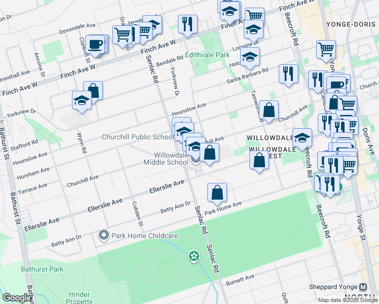 map of restaurants, bars, coffee shops, grocery stores, and more near 177 Churchill Avenue in Toronto