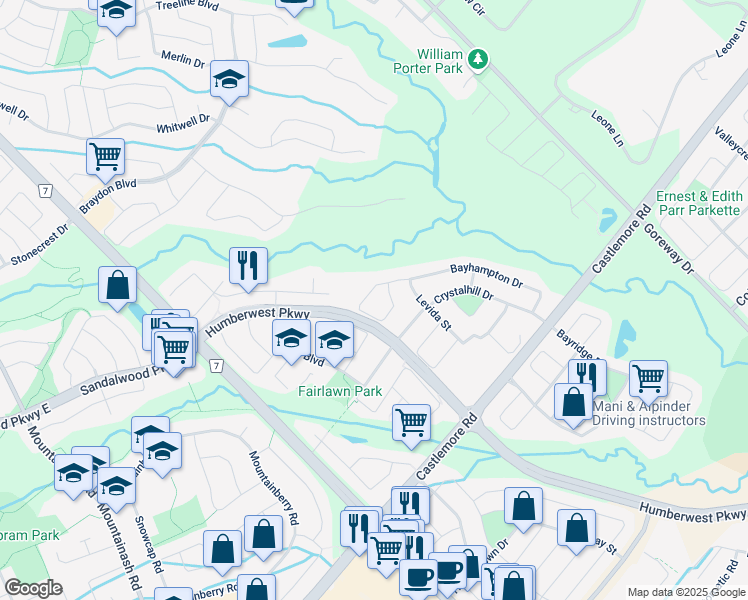 map of restaurants, bars, coffee shops, grocery stores, and more near 93 Bayhampton Drive in Brampton