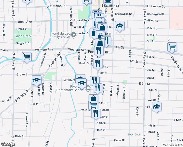 map of restaurants, bars, coffee shops, grocery stores, and more near 330 Linden Street in Fond du Lac