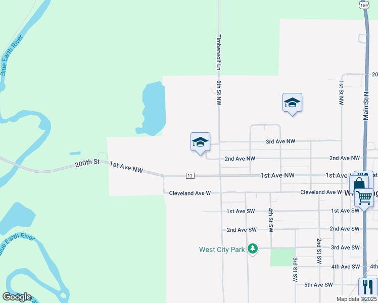 map of restaurants, bars, coffee shops, grocery stores, and more near 211 6th Street Northwest in Winnebago