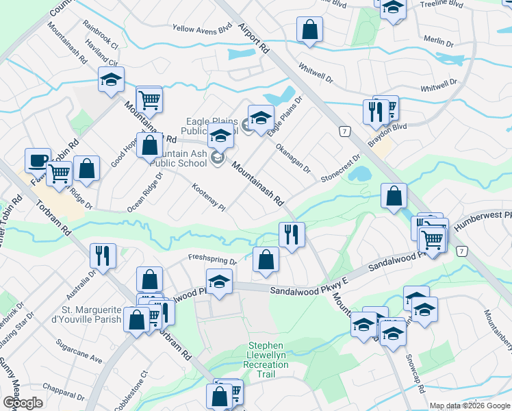 map of restaurants, bars, coffee shops, grocery stores, and more near 6 Crevice Gate in Brampton