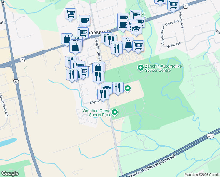 map of restaurants, bars, coffee shops, grocery stores, and more near 7515 Martin Grove Road in Vaughan