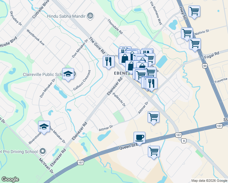 map of restaurants, bars, coffee shops, grocery stores, and more near 4 Sea Drifter Crescent in Brampton