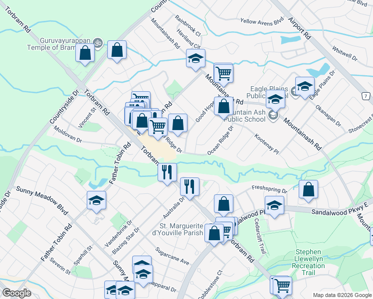 map of restaurants, bars, coffee shops, grocery stores, and more near 70 Ocean Ridge Drive in Brampton