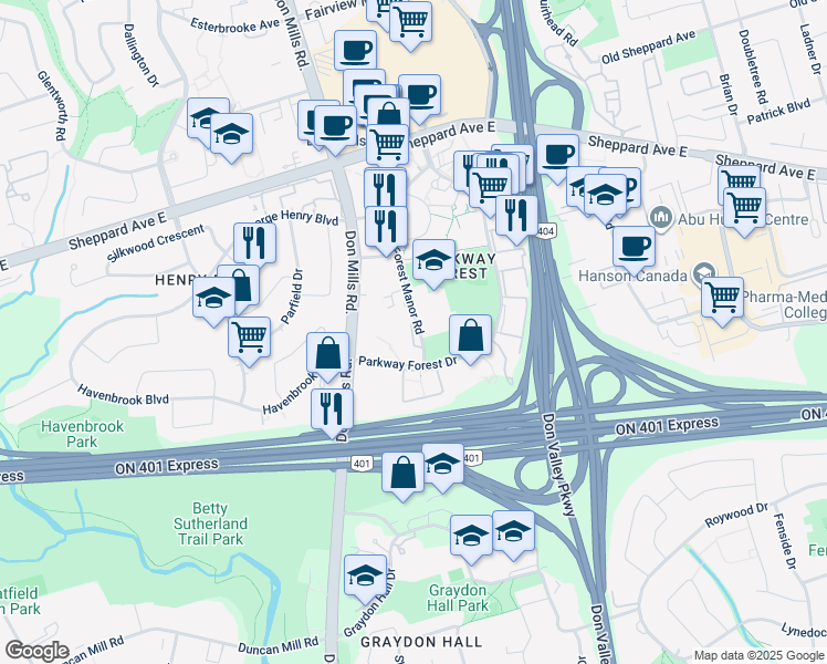 map of restaurants, bars, coffee shops, grocery stores, and more near 20 Forest Manor Road in Toronto