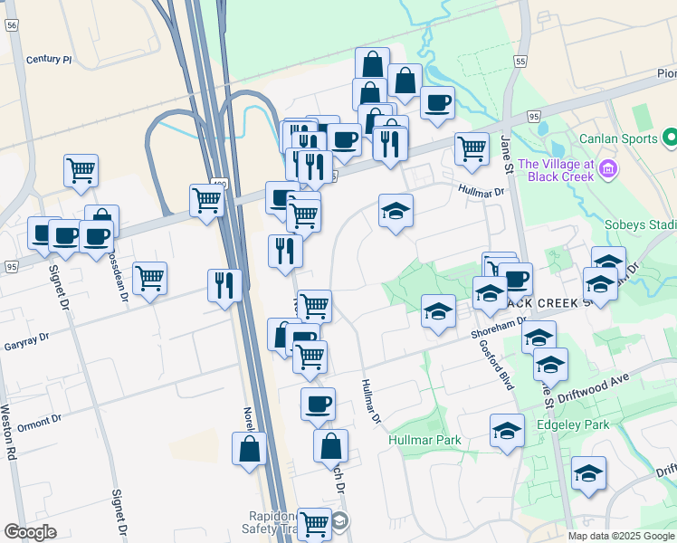 map of restaurants, bars, coffee shops, grocery stores, and more near 233 Hullmar Drive in Toronto