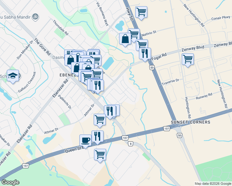 map of restaurants, bars, coffee shops, grocery stores, and more near 39 Fogal Road in Brampton