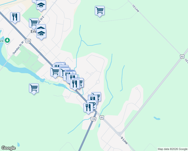map of restaurants, bars, coffee shops, grocery stores, and more near 22 Waterford Drive in Erin