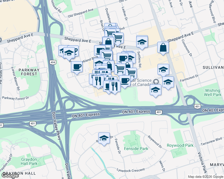 map of restaurants, bars, coffee shops, grocery stores, and more near 255 Consumers Road in Toronto