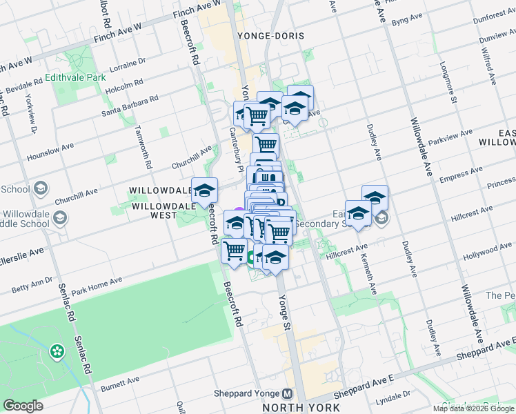 map of restaurants, bars, coffee shops, grocery stores, and more near 5180 Yonge Street in Toronto