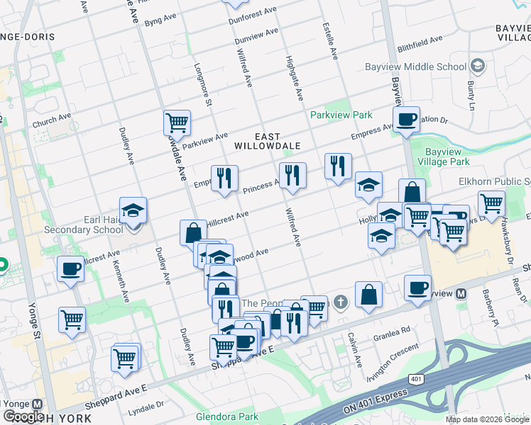 map of restaurants, bars, coffee shops, grocery stores, and more near in Toronto